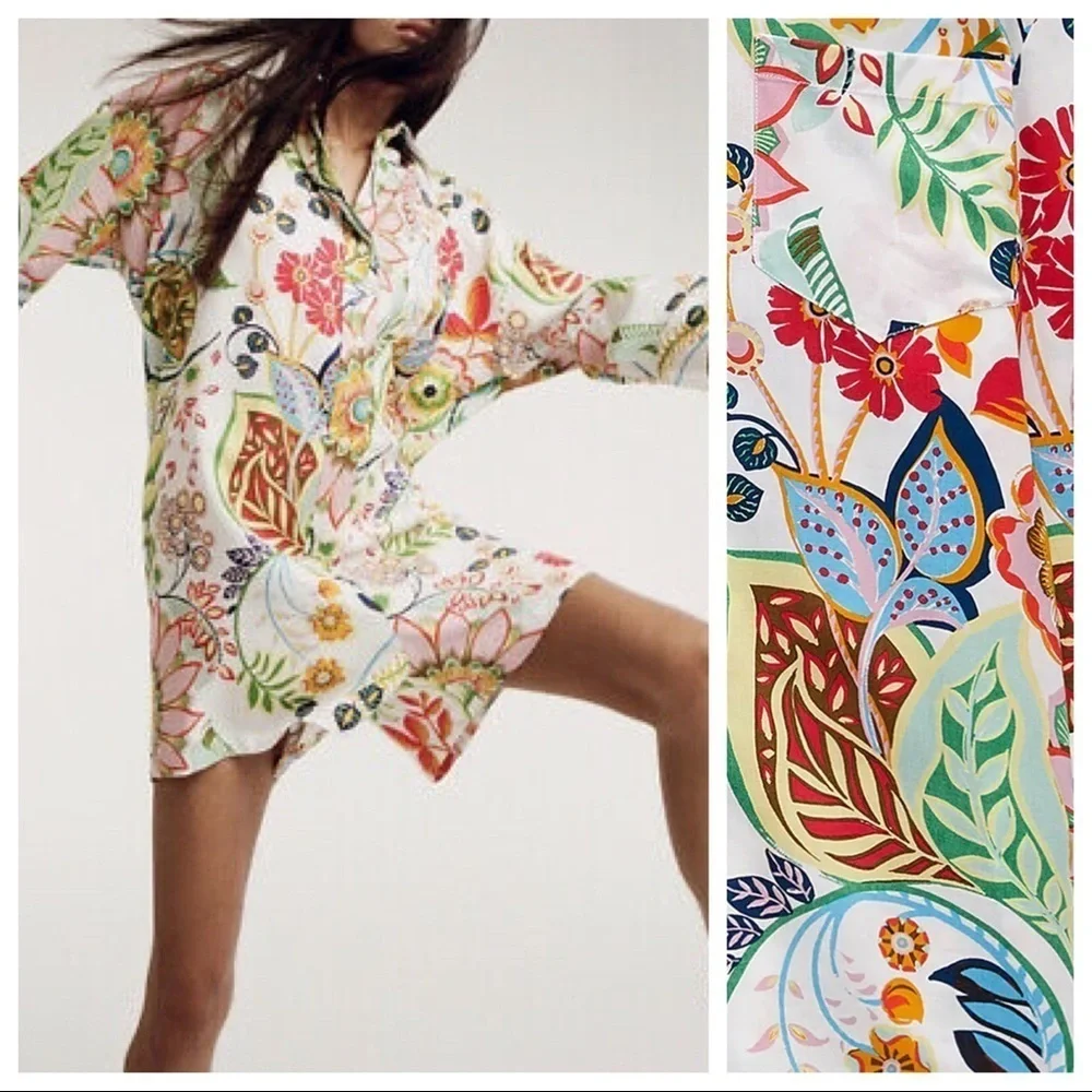 NWT. Zara Printed Viscose/Linen Shirt Playsuit. Size XS.